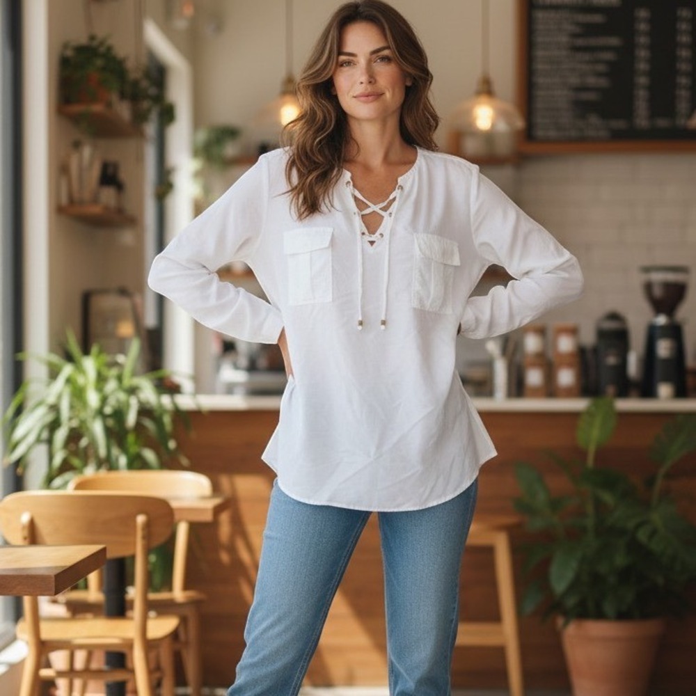 NWOT Chicos White Lace Up Tunic Top Roll Tab Sleeve Utility Blouse Size 2